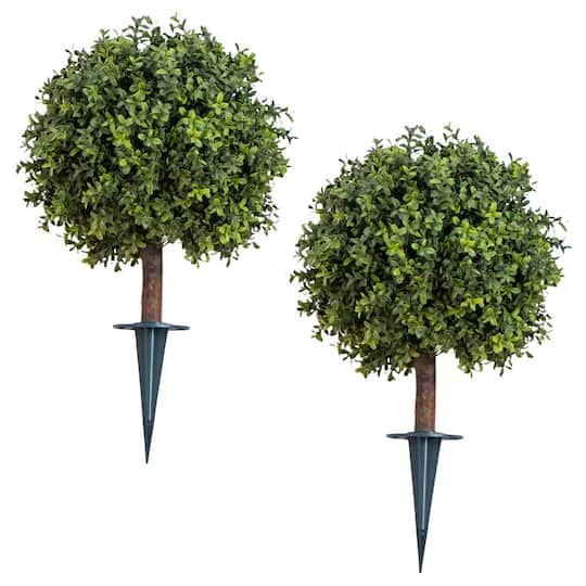 2ft. UV Resistant Artificial Boxwood Topiary with Integrated Ground Stake (Indoor/Outdoor) - Set of 2